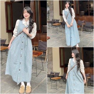 Sét váy nữ áo sơ mi kiểu mix yếm jean bò xòe dài phong cách trẻ trung, nhí nhảnh diện đi chơi, chụp hình siêu yêu.