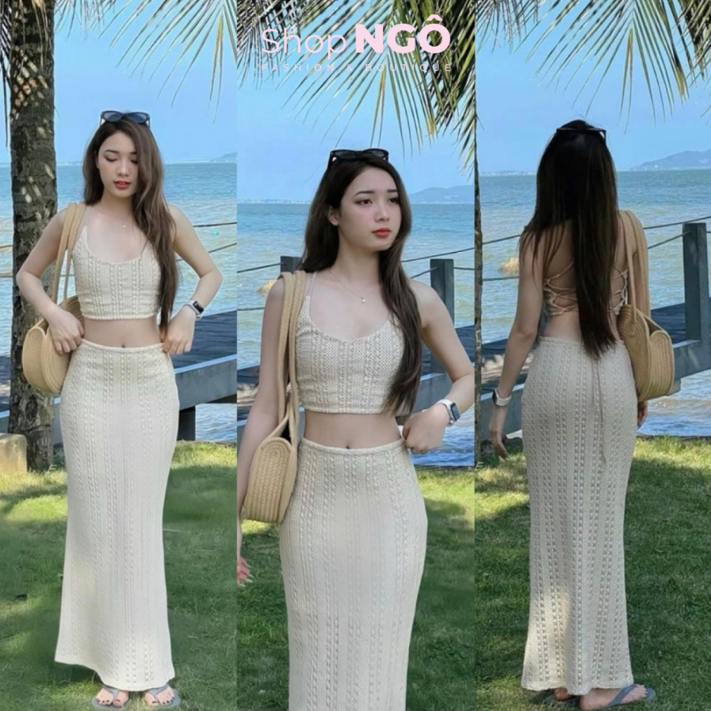 Set váy thời trang đi biển ren len móc áo hai dây croptop cột dây lưng phối chân váy MIDI dài thiết 