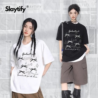 Áo thun nữ SLAYTIFY form rộng kiểu dáng Hàn Quốc Cotton 260gsm in hình nơ nhạc H13