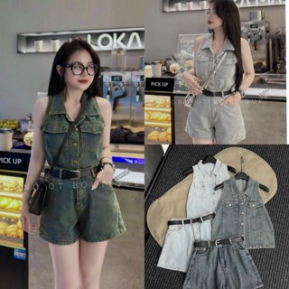 Sét Yếm Bò Rời Áo Sát Nách Cổ Sơ Mi Kèm Quần Sooc Jean Phối Đai Da Size S M - Halinh Shop - Sét Jean Nữ Cổ Yếm Kèm Đai