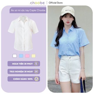 Áo sơ mi nữ Choobe tay ngắn form suông màu trắng xanh sơmi cộc basic trẻ trung năng động A02