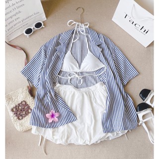 SET 3 MÓN ĐI BIỂN: ÁO SƠ MI SỌC XANH TAY NGẮN + ÁO BRA TRẮNG DÂY CỘT 2 MẢNH + CHÂN VÁY BÍ PHỒNG TRẮNG CỘT DÂY (TH)