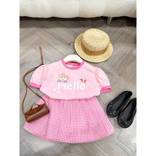Váy bé gái, set áo cotton gắn thỏ Hello kèm chân váy hồng caro cho bé 10-30kg