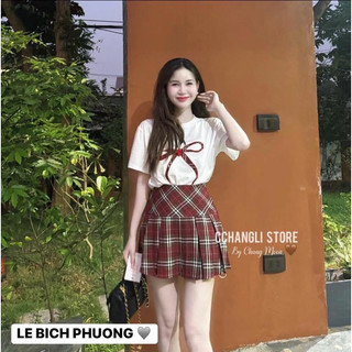 Set áo thun nơ mix chân váy kẻ caro