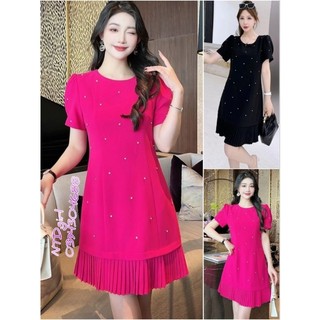 Hàng nhập - Đầm dáng suông tay ngắn cổ tròn viền xếp li, váy xuông Quảng Châu đính hạt