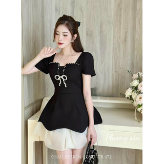 Mã V24105 Váy cổ vuông đính nơ đá