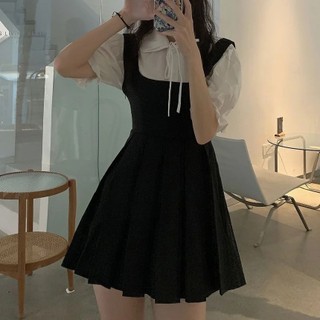 Set váy ngắn dáng xoè tiểu thư, váy phối sơ mi đan eo, đầm sơ mi cổ trắng dáng xòe bánh bèo xinh xắn nhẹ nhàng