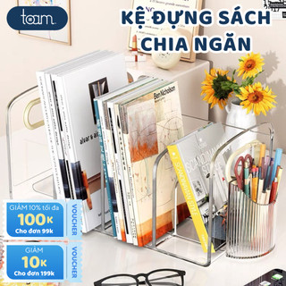 Kệ đựng sách để bàn chia ngăn chất liệu Acrylic dày dặn, Kệ sách trong suốt có tay cầm và ống đựng bút tiện lợi