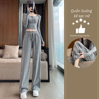 Quần xuông caro nữ, quần ống rộng nữ kẻ sọc đẹp chất dạ Hàn cao cấp cạp chun dây rút siêu hack dáng