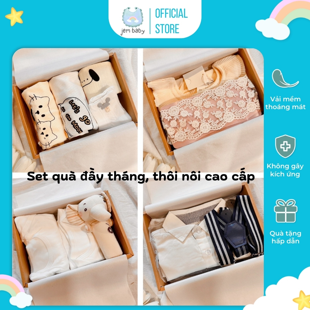 Set quà đầy tháng, thôi nôi mix sẵn cao cấp cho bé trai, bé gái, nhiều mẫu, kèm nơ và thiệp | JEM BABY