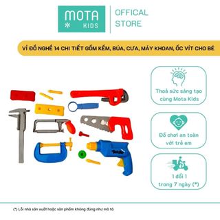  Đồ chơi cho bé Vỉ đồ nghề 14 chi tiết gồm kềm, búa, cưa, máy khoan, ốc vít - Hàng chính hãng