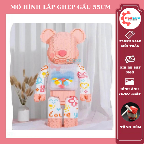 Lego gấu Bearbrick 55cm Love Hãng XINZ. Mô hình lắp ráp lego decor trang trí góc học tập nhà cửa ( Xả Hàng )