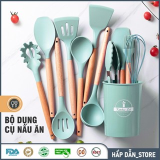 Bộ Dụng Cụ Nấu Ăn Gel Silicone 12 Món Cán Gỗ Kitchen Set Cao Cấp Bằng Chất Liệu An Toàn Tuyệt Đối Chịu Nhiệt Chống Dín