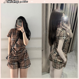  Set bộ áo thun kẻ bbr nữ gồm áo phông phối kèm quần short đùi dáng ôm body siêu hot 