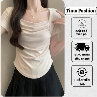 Áo thun nữ Timo, Áo ngắn tay nữ cổ vuông vạt bầu, chất vài thun tăm co giãn, mặc đi chơi phong cách Hàn Quốc, AOT132