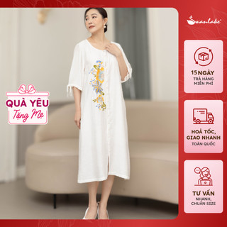 SWANLAKE | Váy Đầm Trung Niên Dáng Suông Dài Qua Gối Lụa Hàn Thêu Hoa Tay Lỡ Tặng Mẹ, Tặng Bà Sang Trọng, Đi Tiệc D11337