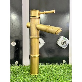 Vòi lavabo ống trúc thau vàng nóng lạnh