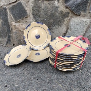  Đĩa Gốm Phết Xanh Nam Bộ Xưa 21.5*2.5cm <Mẫu cùng họa tiết chén bánh bèo> 