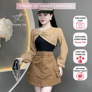 Set Bộ THANH TỰ Thiết Kế 3 Món Gồm Áo Hai Dây Phối Áo Ren Và Chân Váy Kaki Ngắn Có Túi Hộp (Kèm Đai Lưng) - T1515