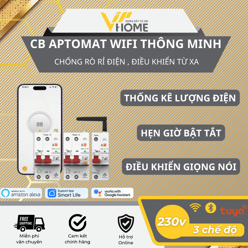 CB Aptomat Wifi Thông Minh, Cầu Dao Thông Minh VIPHOME -  Chống Dòng Rò Chống Giật 63A Điều khiển Wifi Qua Điện Thoại