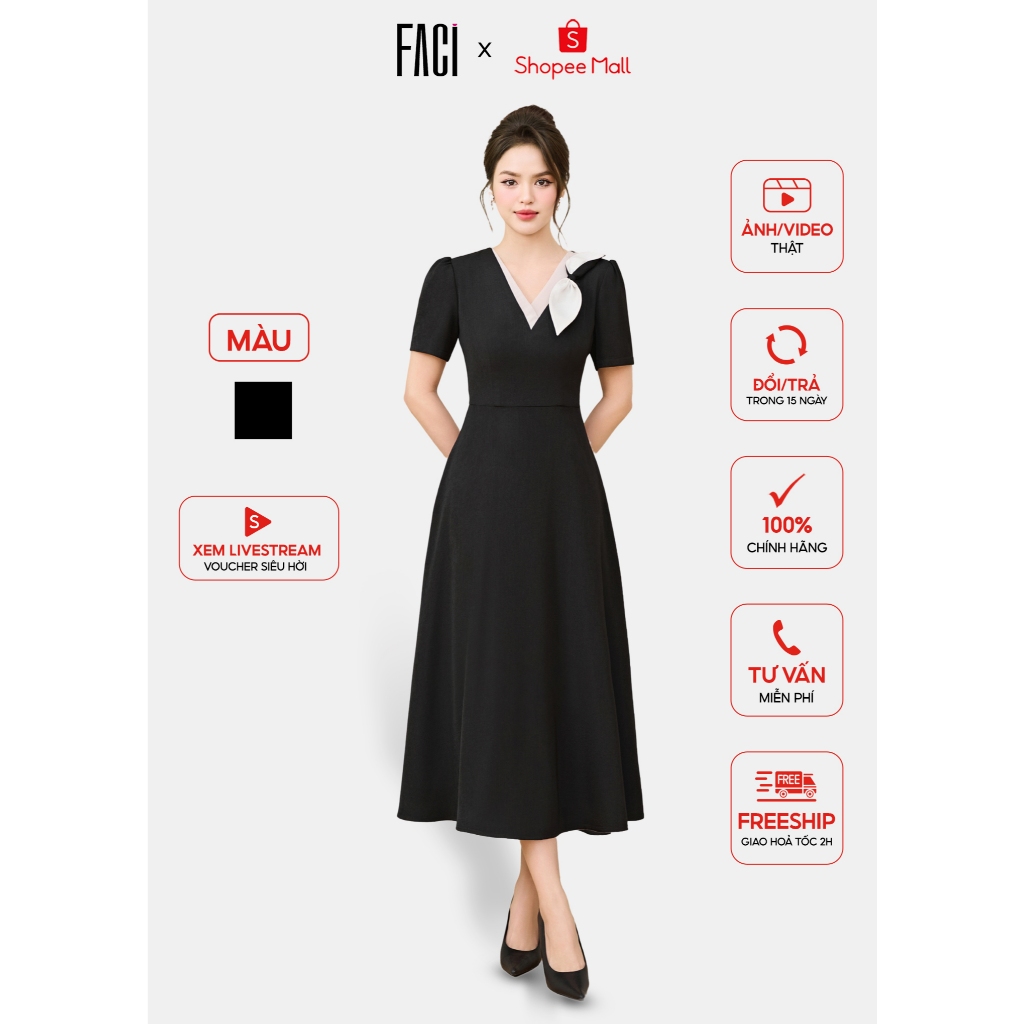 Đầm Nữ 𝐅𝐀𝐂𝐈 Dáng Dài Váy Công Sở Chất Chéo Tuyết Cao Cấp Cổ Phối Tơ Nổi Bật Sang Trọng FD240118