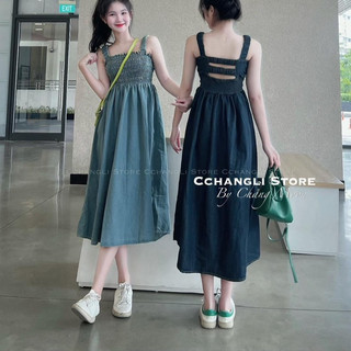 Váy maxi jean 2 dây chun phom suông, Đầm Maxi hai dây phom xoè đi biển