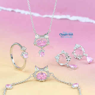 Combo Pé Mèo đá hồng - Dây chuyền, Lắc tay, nhẫn, khuyên tai bạc 925 - Mẩu chuyện tình của tôi
