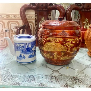 Bình ủ trà giữ nhiệt Minh Hải phong cảnh đồng quê sơn nhũ vàng, hàng Bát Tràng dung tích 1,6l