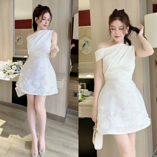 Váy đính cườm thủ công lệch vai, đầm tiệc cưới