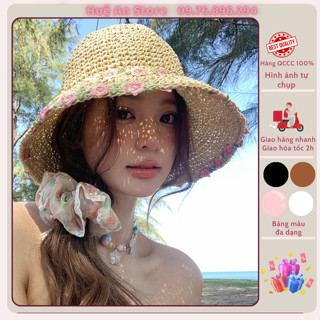 (HA0147) Nón bucket cói, mũ bucket cói nữ cao cấp HUỆ AN 2009, Mũ cói vành cụp có dây điều chỉnh thêu hoa hàng QCCC