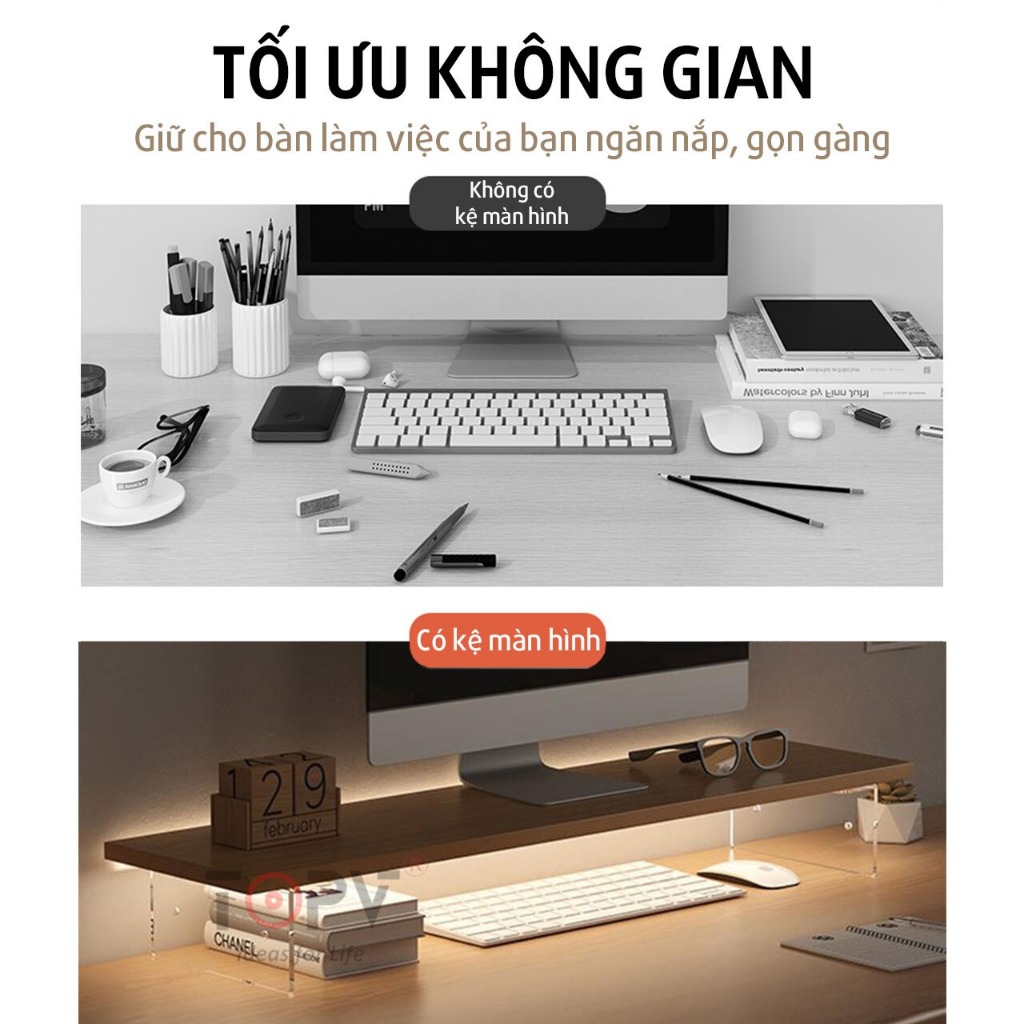 Kệ màn hình máy tính LED sạc không dây USB kệ để máy tính bàn giá đỡ màn hình kê PC gỗ trắng | BigBuy360 - bigbuy360.vn