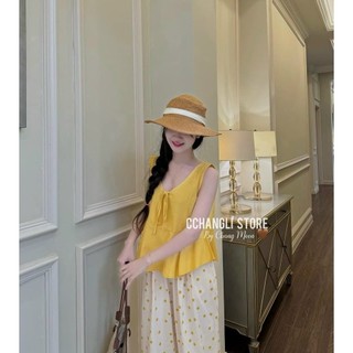 Bộ nữ áo nơ vàng + q chấm bi