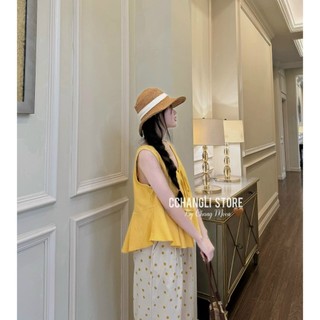 BỘ NỮ ÁO NƠ VÀNG + Q CHẤM BI