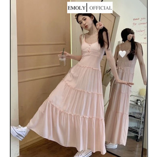 Đầm hai dây dáng dài phối cài cúc ngực, Váy cổ vuông triết eo dáng chữ A màu trơn phong cách retro