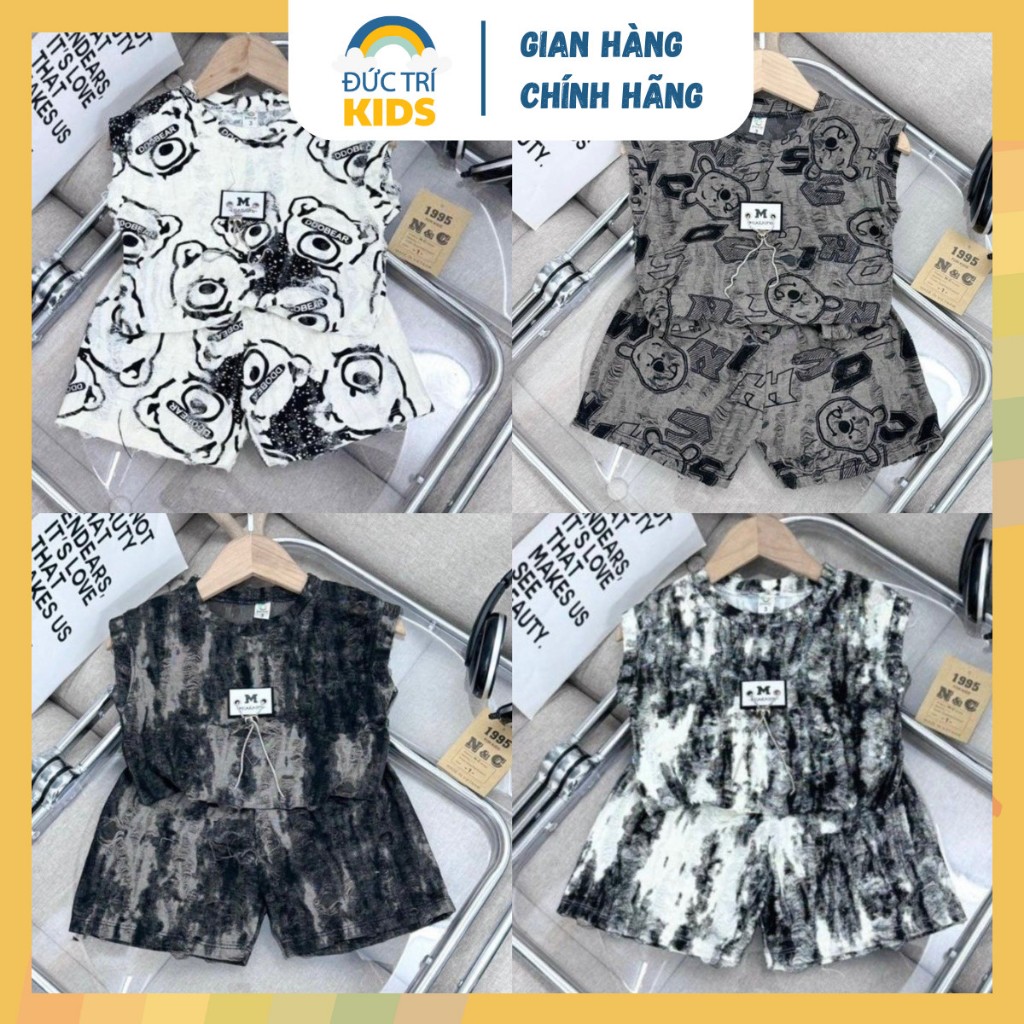 Bộ đồ bé trai họa tiết gấu, đồ bộ bé trai coton, bộ quần áo loang xước sát nách 1-7 tuổi (9-24kg) | ĐỨC TRÍ KID