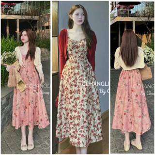 (SHOP NÀNG BÉO BIGSIZE 50KG ĐẾN 90KG) set đầm ngàn hoa kèm áo khoác len