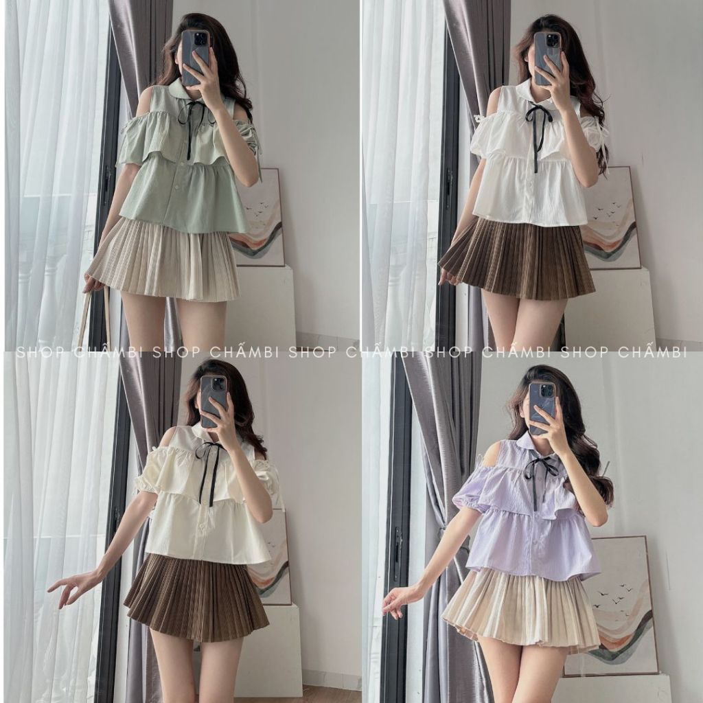 Áo sơ mi nữ A.607, Áo sơ mi cổ sen hở vai tay ngắn 2 tầng phối nơ cổ và vai cách điệu - Shop Chấm Bi