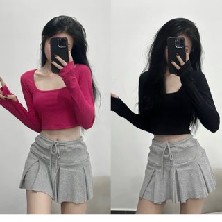 [New] ÁO CỔ VUÔNG TAY DÀI DÁNG NGẮN CROPTOP CHẤT THUN TĂM LẠNH MỎNG MÁT NHIỀU MÀU SẮC, TRƠN BASIC VẠT NGANG