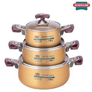 Bộ 3 Nồi Nhôm Anod SUNHOUSE SH6634N 16-20-24cm Dùng Với Bếp Ga Bếp Hồng Ngoại Không Dùng Trên Bếp Từ