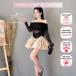 T1754 Set Đầm Dress Nữ Thiết Kế 2 Món Gồm Áo Trễ Vai Tay Dài Lót Da Phối Chân Váy Dáng Ngắn Nơ Cách Điệu - Thanh Tự