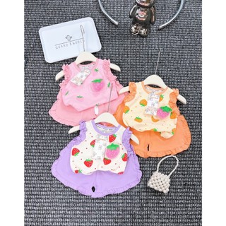 Bộ sát nách mùa hè chất cotton 4c hình quả dâu 3 màu cho bé gái 6-18kg