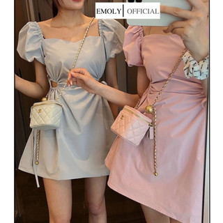 Đầm dáng ngắn tay phồng, Váy liền dáng xòe cổ vuông phối khoét eo sexy màu trơn ngọt ngào tiểu thư