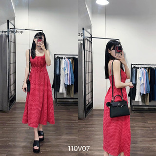 Váy midi 2 dây nơ ngực kẻ caro hồng-110v07
