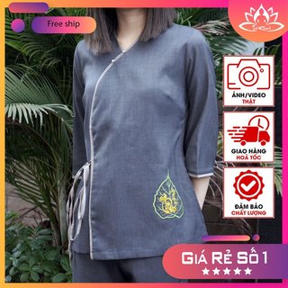 Sale đồ lam đi chùa vải đũi Vân Mây và đũi xước siêu mát cổ tim thêu lá bồ đề tâm
