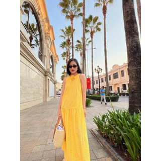 Đầm vàng suông chữ a cotton thêu lỗ YV LE & CO