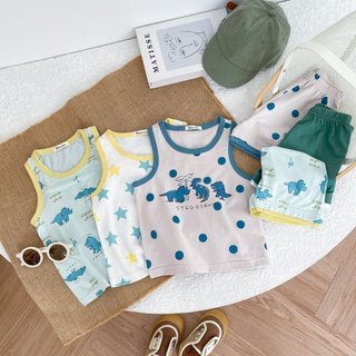 Set bộ ba lỗ bé trai in hình khủng long, chất cotton mềm mịn, bé từ 1-6 tuổi, mặc đi học đi chơi Bebukids SB1945