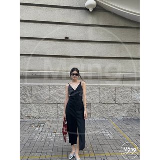 Đầm hai dây linen xẻ tà dáng suông cổ V phong cách thanh lịch gợi cảm sang trọng