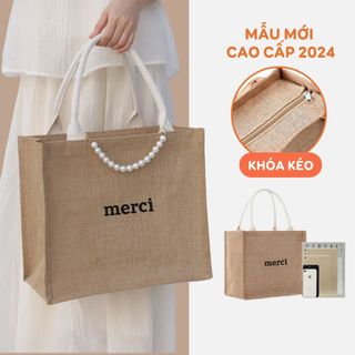 Túi cói Merci đi biển mẫu mới 2024 cao cấp đứng form có khóa kéo đựng đồ đi du lịch vintage Gọn Gàng