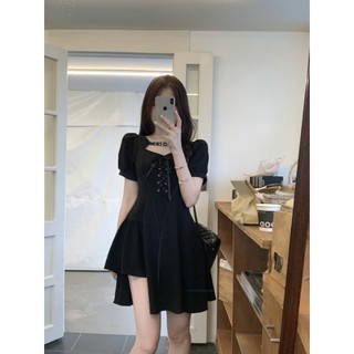 Váy nữ dây cổ choker tay ngắn bồng dáng xòe dây đan ngực Đầm nữ dự tiệc đi chơi lệch tà cá tính T52G