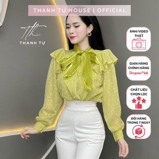 Áo Sơ Mi Thiết Kế Ren Cột Nơ Hoạ Tiết Hoa Xen Kẽ Tay Dài Dành Cho Nữ A296  - Thanh Tự